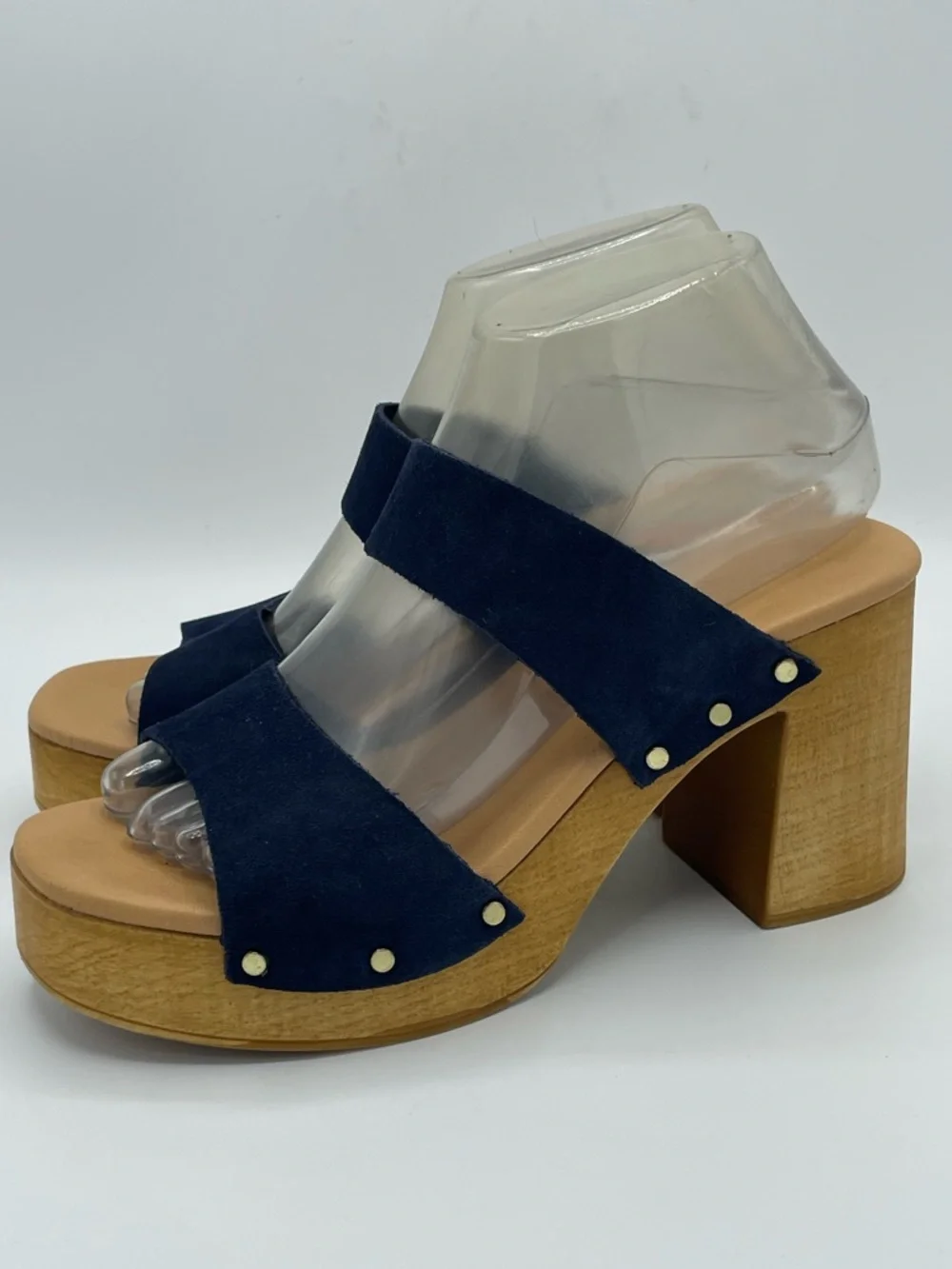 Ilaria Sartori Classic Navy Suede Platform Chunky Heel Sandals.